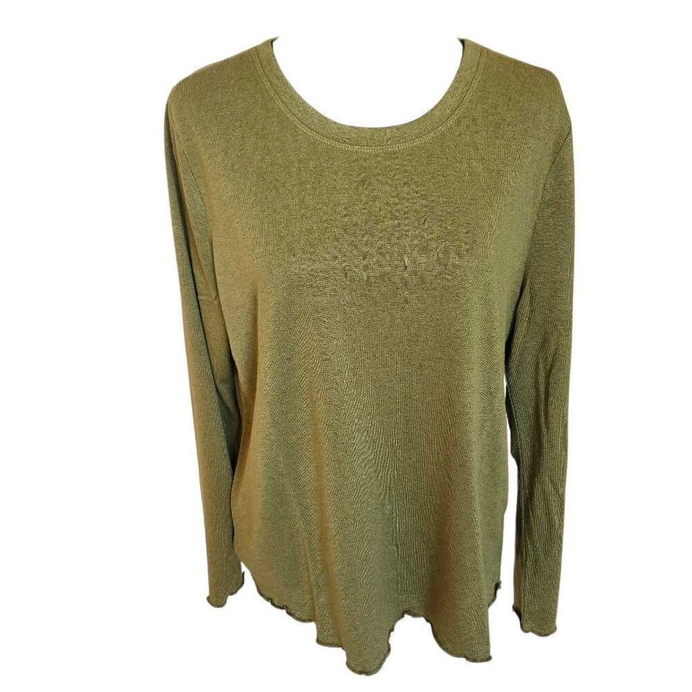 Versona Womens Long Sleeve Knit Lettuce Edge Crewneck Tee Top Pea Green XL